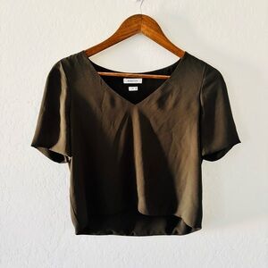Babaton V-Neck Short Sleeve Blouse Green/Brown Satin Silk Feel Size XS